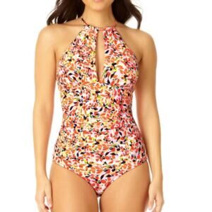 Anne Cole Ruffled Strap Keyhole One Piece swimsuit coral ditsy print - 14